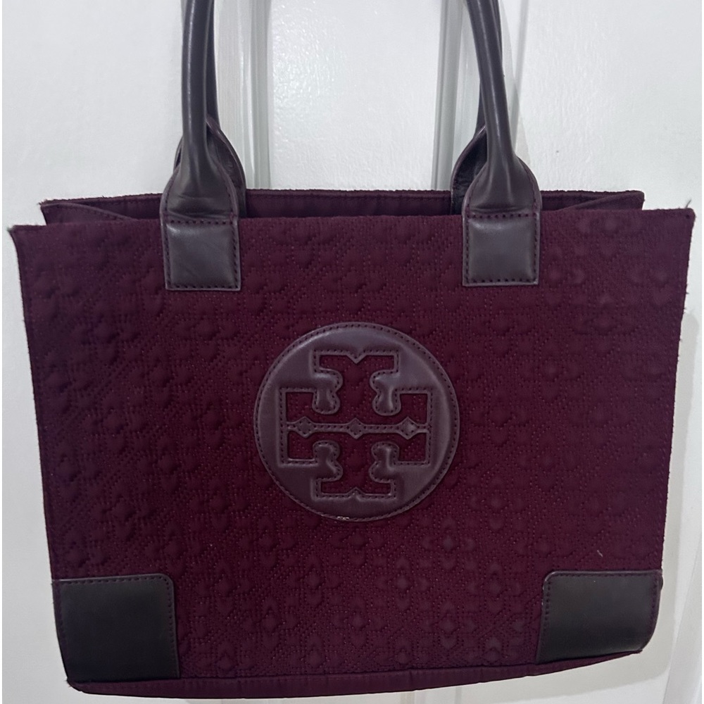 Tory Burch Ella Cloth Tote Bag, with leather burgundy trim